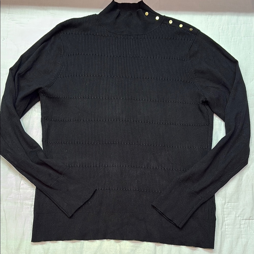 Retrology Black Fine-Knit Textured Mock Neck Sweater with Shoulder Button Detail